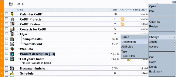 action menu for a document