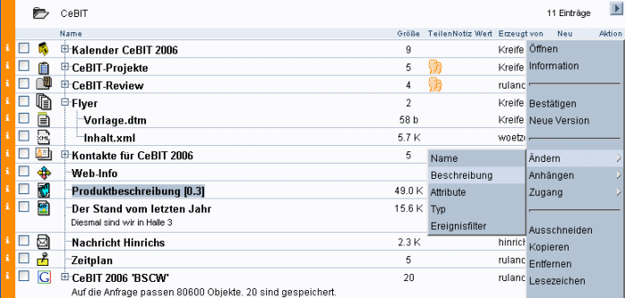 Aktionsmenü für ein Dokument