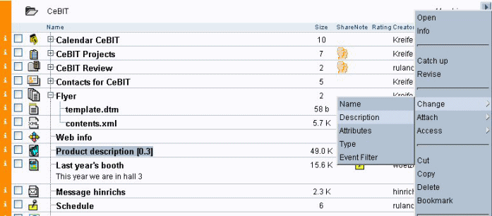 action menu for a document